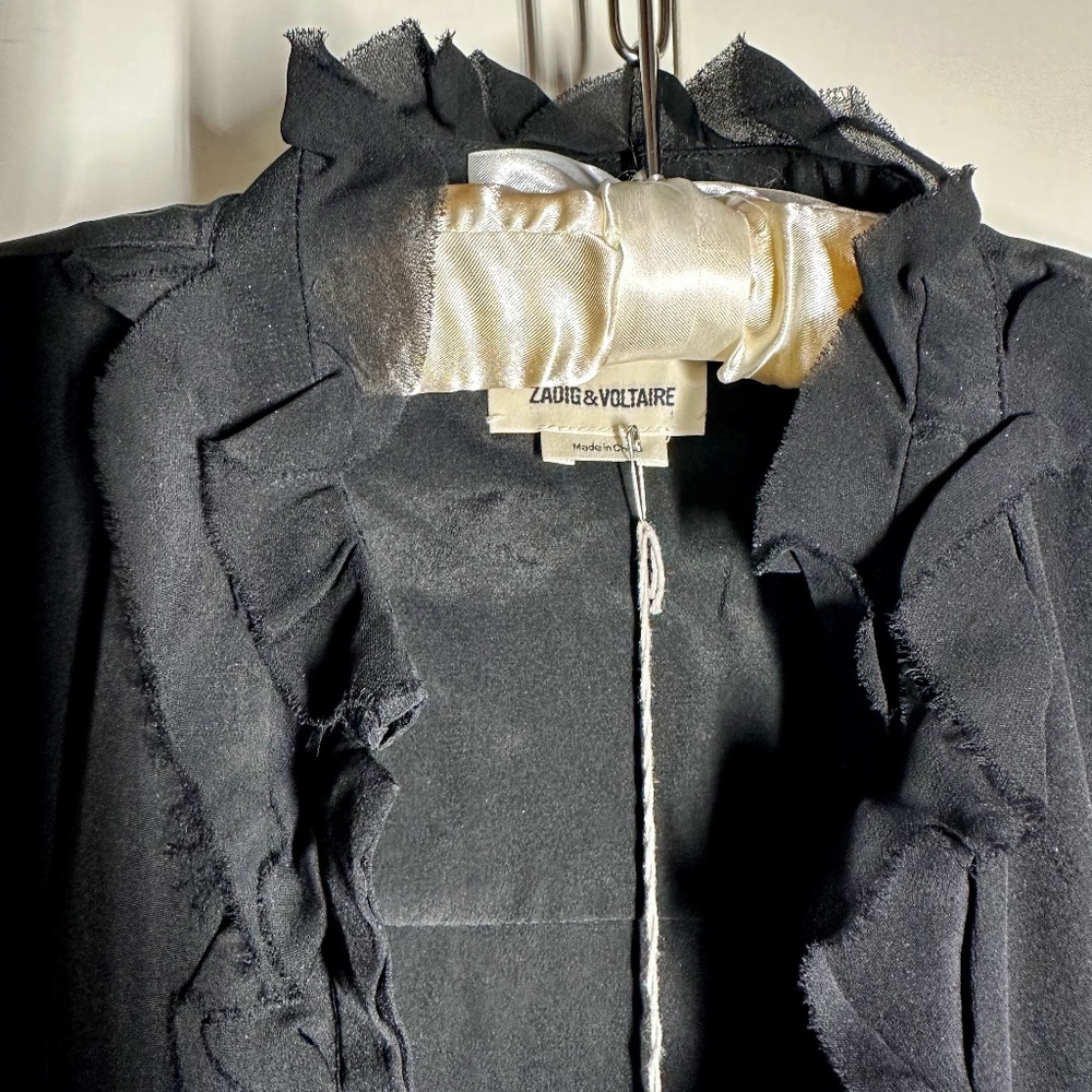 Zadig & Voltaire Long Sleeved Ruffle Front Black Silk  Blouse size XS